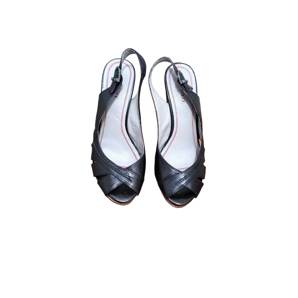 Miss Me Hana Black Leather‎ Peep Toe Slingback Wood Heels Size 38